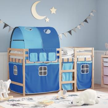 Cama alta para niños con túnel de pino macizo azul 80x200 cm