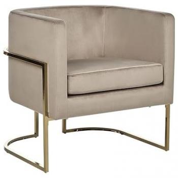 Sillón moderno glamuroso Sirkka con respaldo redondo de terciopelo gris pardo y estructura dorada