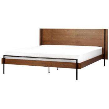 Cama Matrimonial 180 x 200 cm con Somier de Madera Oscura y Cabecero de Metal Libermont