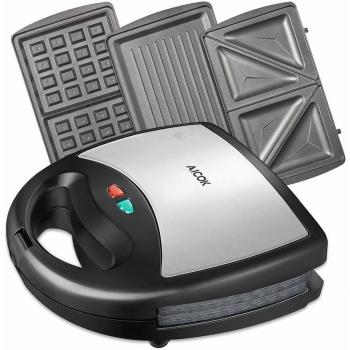 AICOK Sandwichera, Sandwichera 3 en 1-3 Placas Antiadherentes Intercambiables, para Sandwiches, Gofres y para Cocinar al Grill, Termostato, Indicador Luminoso, Acero Inoxidable, 800W