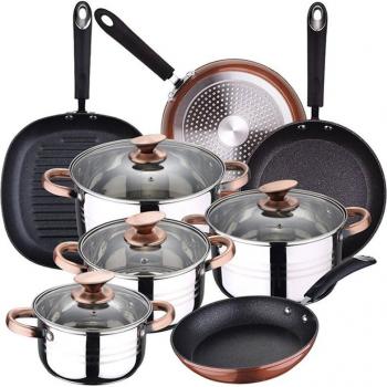 Batería de cocina 8 piezas SAN IGNACIO Premium Nona de acero inoxidable con juego de sartenes (20/24/28 cm) y grill 28 cm SAN IGNACIO Moma en aluminio