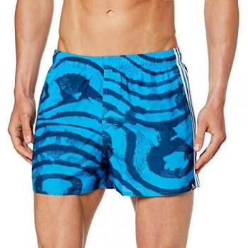 adidas 3 Stripe AOP Very Length Swim Shorts, Hombre, Legend Marine/Shock Cyan, XL
