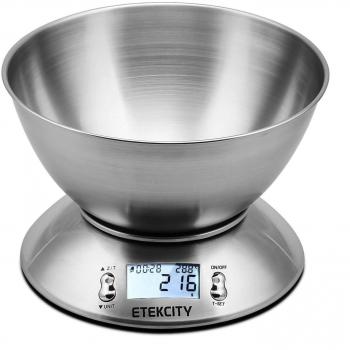 Etekcity Báscula Digital para Cocina con Bol Removible, 5 kg / 11 lbs, Balanza de Cocina de Acero Inoxidable, Temporizador y Sensor de Temperatura, Pantalla LCD, EK4150