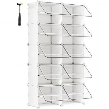 Zapatero modular blanco de plástico con 10 compartimentos, puertas, estructura de acero, cubos de 30x40x30 cm
