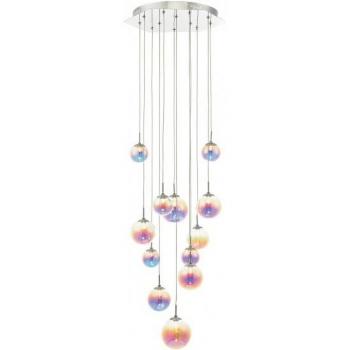 Lámpara colgante Cesario de Dar Lighting, cromo brillo, cristal irisado, 12 bombillas LED multicolor, altura ajustable hasta 150 cm