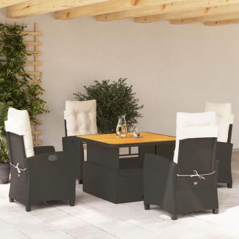 5-Piece Black Poly Rattan Garden Dining Set with Cushions