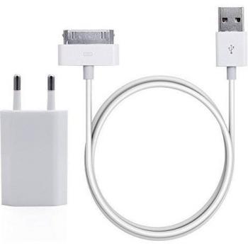 Original iProtect® 2 in 1 Set cabla de carga USB y cable de datos y Slimcharger para iPhone 4S 4 3GS 3G u iPod Classic Touch Nano 3G 2G Photo Mini en blanco
