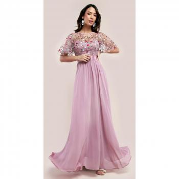 Goddiva Embroidered Top Flutter Sleeve Maxi - Rosepink