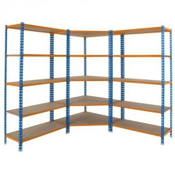 Estantería Esquina Metálica Maderclick 5 Baldas de Madera 1800x1800x300 mm, Capacidad 200 kg, Color Azul/Naranja/Madera
