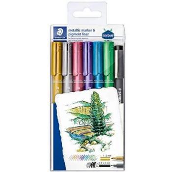 STAEDTLER 8323-SWP6P, Rotuladores metálicos de colores, Blíster con 6 unidades de colores y un rotulador de punta fina, Multicolor