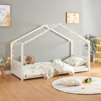 Cama Infantil Simo en Forma de Casa de Madera de Pino 90x200cm - Blanco, Estilo Montessori, Soporta hasta 140 kg