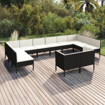 12-Piece Black Poly Rattan Garden Lounge Set with Cushions