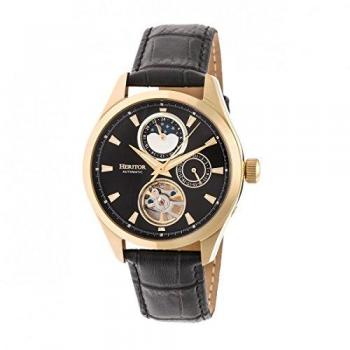 Heritor Automatic Sebastian Semi-Skeleton Leather Band Watch with Date and Moon Phase - Gold/Black