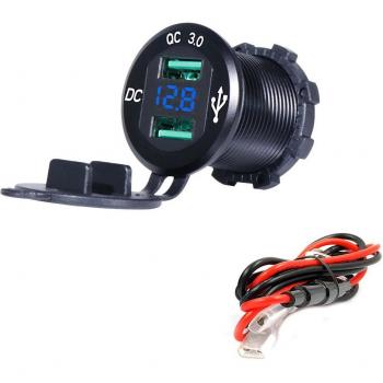 Cargador Rápido Dual USB 12V/24V QC3.0 Impermeable con Voltmeter, Cable de 60cm y Fusible de 10A para Coche, Barco, Motocicleta y