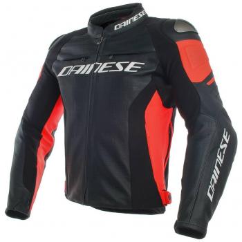Dainese Racing 3  perforado piel moto chaqueta color negro/negro/rojo fluorescente