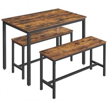 Conjunto de Comedor Completo: Mesa Elegante 110x70x75 cm con 2 Taburetes 97x30x50 cm, Marco de Acero, Estilo Rústico en Marrón y Negro