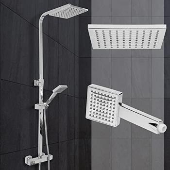 Sistema de Ducha ECD Alemania con Grifo Mezclador Termostático, Acero Inoxidable, Ducha de Lluvia y Teleducha Angular en Cromo