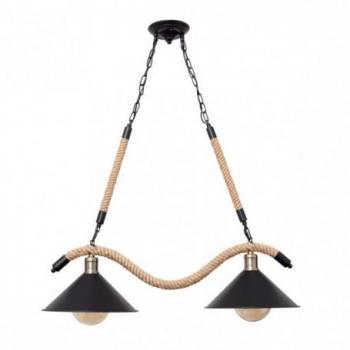 Lámpara Colgante Industrial de Cáñamo con 2 Luces E27, Acabado Negro, Diseño Soga, Dimensiones Regulables 80x22 cm