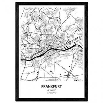 Póster A3 de Mapa de Frankfurt, Alemania - Lámina en Color Negro con Mares y Ríos