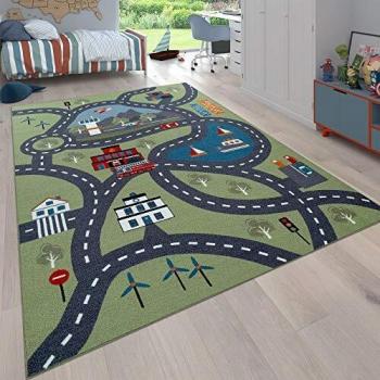 Alfombra Juego Infantil Diseño Ciudad Colorida, Alfombra para niños, Alfombra de juego para habitaciones infantiles, Con motivo de la calle, En verde ø 200 cm redondo