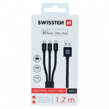 Cable de carga textil 3 en 1 MFi 1,2 m negro con soporte para iPhone y carga rápida