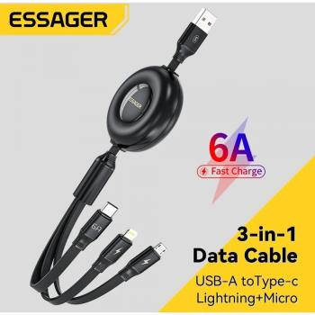Cable USB 3 en 1 Essager 6A Cargador Rápido 66W Tipo C y Micro para iPhone 14, Samsung, Xiaomi, Huawei y Poco - Carga Rápida 3A Color Negro
