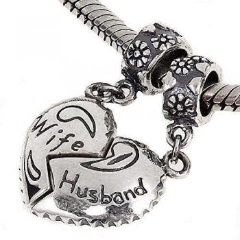 Cuenta de plata de ley 925, forma de corazón con palabras Wife y Husband, para pulsera europea