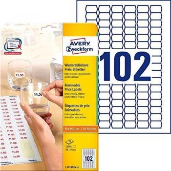 Etiquetas de Precio Removibles Avery Zweckform, 26 x 16 mm, Paquete de 2550 Etiquetas (25 Hojas)