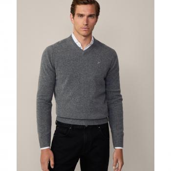 Jersey de Hombre Cuello Pico con Logo Bordado en Lana Gris Oscuro - Hackett London 2024