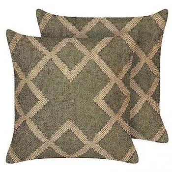 Set de 2 cojines decorativos geométricos en yute y lana verde y beige 45 x 45 cm