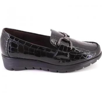 Zapatos de mujer PITILLOS 2700 con cuña, color negro, material piel, diseño de mocasín con cordón ancho especial y suela de cuero