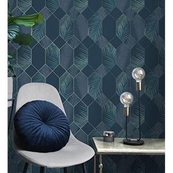 Papel Pintado Lavable Geométrico Hexagonal con Hojas Tropicales - Rollo de 10 m x 0,53 m