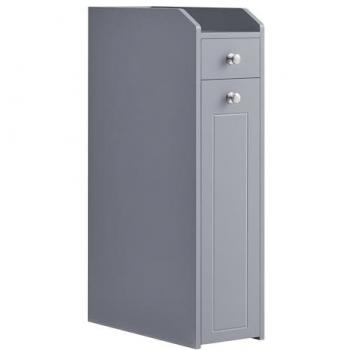 Armario de baño estrecho gris paloma con portarrollos y cajones, solución de almacenamiento vertical para espacios pequeños