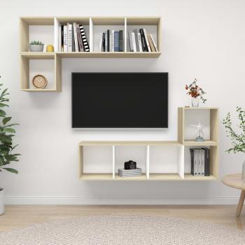 vidaXL Muebles de salón 4 piezas madera ingeniería y muebles de pared de TV 4 pzas aglomerado blanco y roble Sonoma