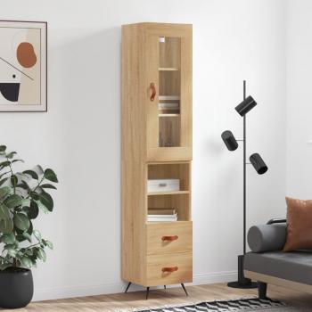 Aparador de madera contrachapada 34,5x34x180 cm con 2 cajones y 2 estantes en color roble Sonoma, mueble de almacenaje para salón, buffet y armario auxiliar