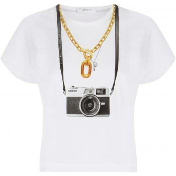 Paco Rabanne Women's Printed Cotton T-Shirt in White | Size Small | Camera Print