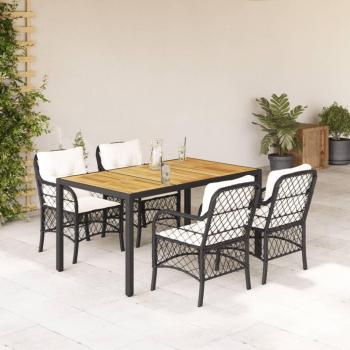 5-Piece Black Poly Rattan Garden Dining Set with Cushions