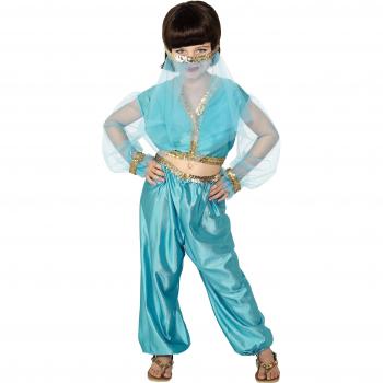 Disfraz de Princesa Árabe Azul para Niña con Pantalones, Top y Adorno para la Cabeza - Talla 6-8 Años