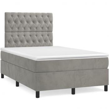 Cama box spring con colchón y LED de terciopelo gris claro 120x190 cm