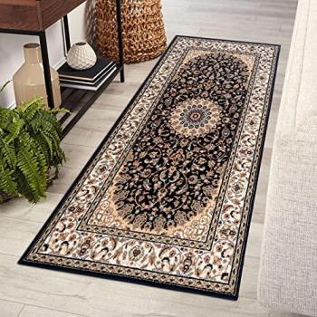 Alfombra de Lana Nain Rosetón Beige/Negro 80x150 cm