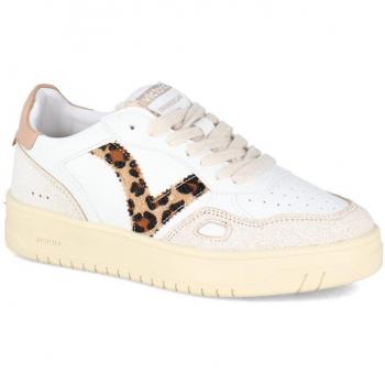Victoria Zapatillas Deportivas para Mujer en Piel Blancas con Piezas en Serraje Craquelado y Logotipo en Animal Print