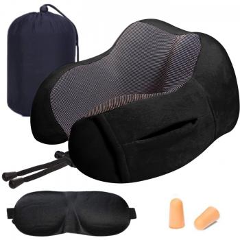Almohada de Viaje Cervical Viscoelástica de Espuma de Memoria, Cojín de Viaje para Cuello Soporte Cervical con Máscara de Ojos, Tapones y Bolsa de Transporte para el Uso del Avión y el Hogar [Negro]
