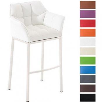 Taburete de Bar Damaso en Simil Cuero Blanco con Respaldo, Reposabrazos y Base de 4 Pies
