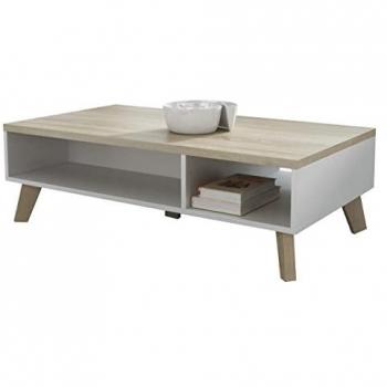 Mesa de Centro Escandinava Charlotte G101, Aglomerado Laminado Blanco y Roble Sonoma, 110 x 60 x 35 cm
