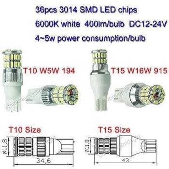 BYOPTO 2 Pack ( Blanco(White) T15 W16W ) X-Brillante 36W LED Luz de Marcha Atrás Luz Antiniebla Luz de Circulación Diurma para el Coche Auto DC12V DC24V