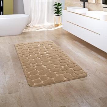 Alfombra de Baño Antideslizante Suave con Efecto Memoria 3D, Diseño Piedra Beige, Lavable a Máquina, Tamaño 65x120 cm
