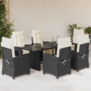 7-Piece Black Poly Rattan Garden Dining Set with Cushions