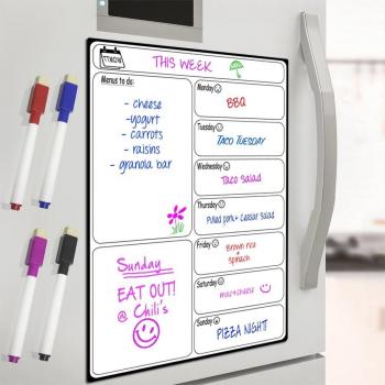 Pizarra Blanca Magnética para Nevera de TTMOW, Calendario Tablero Magnético de Nevera con 4 Rotuladores Colores para Pizarra, Pizarra de Planificación Ideal para Planificar Estudios, Exámenes, Tareas o Dietas