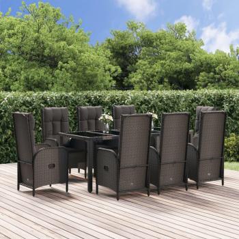 9-Piece Black and Grey Poly Rattan Garden Dining Set with Cushions