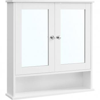 Armario de baño con espejo de pared, mueble alto con 2 puertas de espejo, compartimento abierto y balda ajustable, dimensiones 15x65x75 cm, color blanco